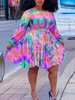 Robe grande taille pour femmes col bijou manches longues cravate teinture Lycra Spandex à lacets longueur au genou robe extensible surdimensionnée