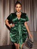 Robe grande taille pour femmes col rabattu manches courtes boutons en polyester robe une pièce