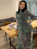 Robe grande taille pour femmes Hunter Green col haut manches longues tie dye polyester passepoil longue robe une pièce