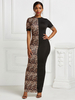 Robe grande taille pour femmes moulante col bijou manches courtes T-Shirt manches imprimé léopard polyester passepoil asymétrique une pièce robe