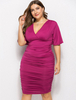 Robe Graned Taille Femme Courte Moulante en Plis à Col Décolleté en V avec Manches Courtes Volantes Coupe Cintrée Unicolore Robe Eté Sexy