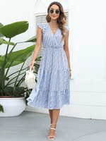 Robe Imprimé Fleurie Femme Longue avec Manches Courtes à Col V Coupe Cintrée Bas Evasée