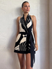 Robe imprimée à col licou dos nu mini-robe portefeuille sexy pour femmes 2025