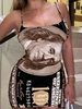 Robe imprimée dollar noir Robe dété bretelles cou imprimée longue robe de plage abricot profond