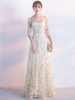 Robe élégante de soirée A-ligne en dentelle champagne avec ceinture col rond longueur plancher