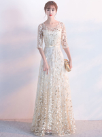 Robe élégante de soirée A-ligne en dentelle champagne avec ceinture col rond longueur plancher