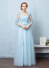 Robe élégante de soirée A-ligne en tulle avec perles col rond longueur plancher