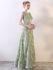 Robe élégante de soirée A-ligne en tulle Vert Cendré avec ceinture col rond longueur plancher