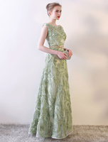 Robe élégante de soirée A-ligne en tulle Vert Cendré avec ceinture col rond longueur plancher