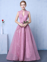 Robe élégante de soirée A line en dentelle Cameo Rose avec perles col trou de serrure Avec traîne sans manche