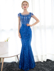robe élégante de soirée sirène en voile de tulle bleu royal avec strass col rond longueur plancher