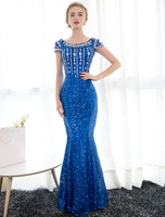 robe élégante de soirée sirène en voile de tulle bleu royal avec strass col rond longueur plancher