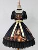 Robe lolita attirante en chiffon noire impression avec noeud douse col carré Déguisements Halloween