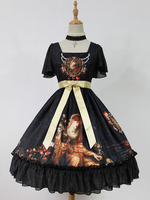 Robe lolita attirante en chiffon noire impression avec noeud douse col carré Déguisements Halloween
