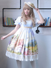 Robe lolita charmante en lin de coton bleu claire impression à volants douse col carré Déguisements Halloween