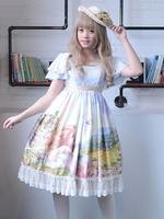 Robe lolita charmante en lin de coton bleu claire impression à volants douse col carré Déguisements Halloween