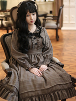 Robe Lolita Classique Polyester Volants Manches Longues Robes Lolita Plaid Académique Marron Profond