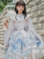 Robe Lolita de style chinois avec nœuds manches longues en polyester imprimé floral bleu ciel clair style chinois
