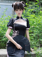 Robe Lolita de style chinois tissée à manches courtes Jacquard imprimé animal de style chinois noir Style chinois Lolita