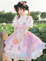 Robe Lolita de style chinois Volants Sans manches Polyester Dentelle de style chinois Rose Style chinois Lolita
