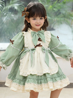 Robe lolita douce pour enfants à volants verts en polyester à manches longues robe une pièce pour enfants