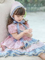 Robe Lolita douce pour enfants chapeaux rose à manches courtes bleu arc volants Polyester enfants princesse une pièce robe