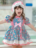 Robe Lolita douce pour enfants chapeaux volants bleus Polyester à manches longues imprimé fleuri robe une pièce pour enfants