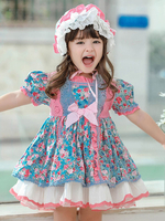 Robe Lolita douce pour enfants chapeaux volants bleus Polyester à manches longues imprimé fleuri robe une pièce pour enfants