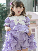 Robe Lolita Douce pour Enfants Violet Bleu Noeuds Polyester Manches Courtes Enfants Princesse Robe Une Pièce