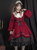 Robe Lolita Douce Robe Lolita à Volants en Polyester Bordeaux Arcs Manches Longues