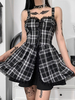 Robe Lolita Gothique Bretelles Cou Sans Manches Motif À Carreaux À Lacets Volants Robe Courte En Dentelle