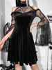 Robe Lolita Gothique Col Haut Manches Longues Volants Dentelle Robe Courte Noire
