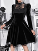 Robe Lolita Gothique Col Haut Manches Longues Volants Dentelle Robe Courte Noire