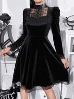 Robe Lolita Gothique Col Haut Manches Longues Volants Dentelle Robe Courte Noire