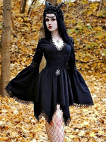 Robe Lolita Gothique Cosplay Col V Manches Longues Polyester Robe Courte Noire