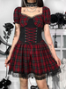 Robe Lolita Gothique Motif À Carreaux Bordeaux Manches Courtes À Lacets Volants Robe Courte En Dentelle