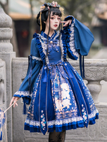 Robe Lolita JSK de Style Chinois Jupes Lolita Jumper Bleu Profond Sans Manches Bowknots