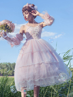 Robe Lolita JSK Femme Ensemble 2 Pièces Bleu Ciel Clair Sans Manches Noeuds Tulle Lolita Pull Jupes Tenues