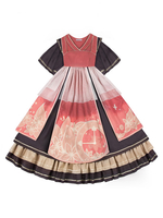 Robe Lolita OP de style chinois Rouge Noir Imprimé Floral Motif Volants Manches Courtes Robe Lolita Douce