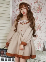 Robe lolita séduisante Coton polyester kaki bicolore avec noeud classique encolure dégagée Déguisements Halloween