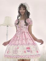 Robe lolita séduisante en chiffon impression plissée douse col carré Déguisements Halloween