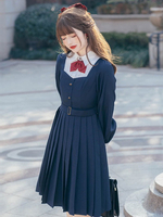 Robe Lolita Style Académique OP Robe à manches longues bicolore bleu profond Polyester Mignonne Lolita Une Pièce Robes