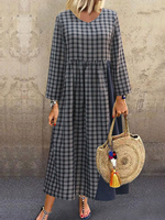 Robe longue à carreaux bleu marine à col en V et manches longues en coton