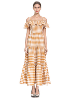 Robe longue à carreaux jaune avec bretelles col en polyester et longueur de plancher