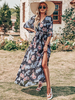 Robe longue à col en V et demi-manches en mousseline de soie Robe décontractée à imprimé floral et longueur au sol