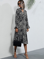 Robe Longue à Col V Imprimé Animal Léopard avec Manches Longues Lanterne Coupe Cintée Bas Evasée Robe Longue
