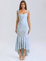 Robe longue à fleurs col carré sans manches robe de soirée plissée sirène pour femmes 2025