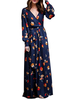 Robe longue à manches longues et col en V en polyester bleu marine foncé