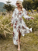 Robe longue à manches longues imprimée fleurie blanche à col en V plissée en polyester convertible longueur de plancher