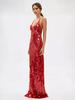 Robe longue à paillettes en rouge décolleté en V profond bretelles spaghetti robe longue de soirée formelle sexy pour femmes 2025